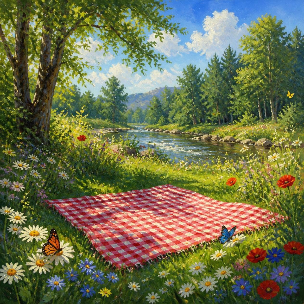 Painting of a picnic blanket in a sunny riverside meadow